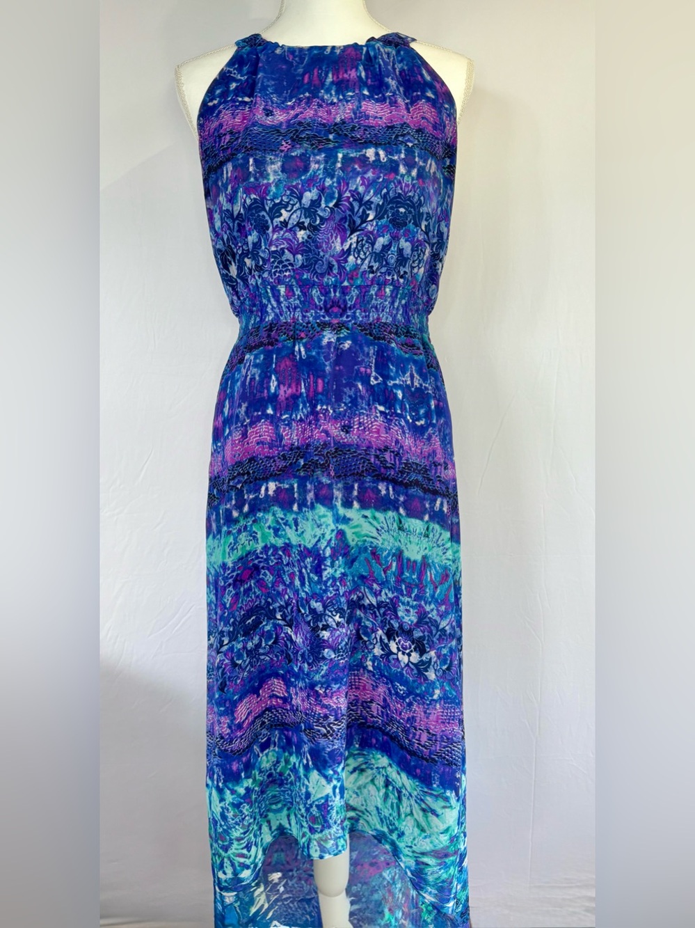 Chico’s Printed Halter High-Low Maxi Dress Blue Purple Small 4-6